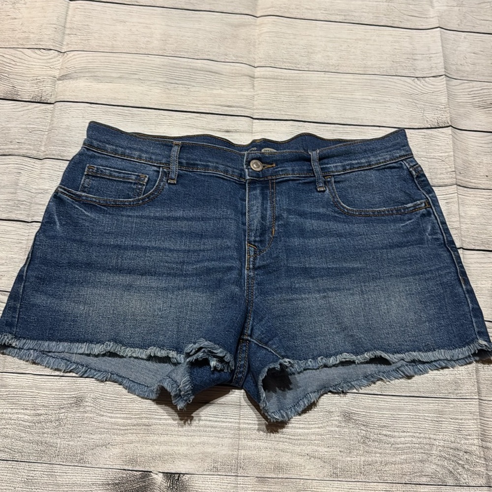 Dark Blue Denim Frayed Hem Women's Shorts